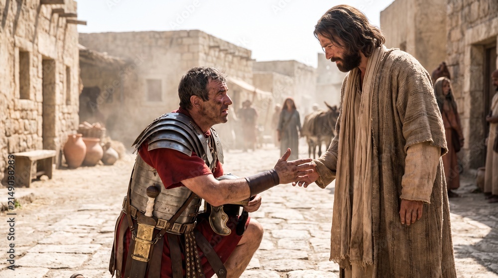 Naklejka premium Faith of the Centurion, Roman Soldier Kneeling in Humility Before Jesus Christ in Ancient City Street