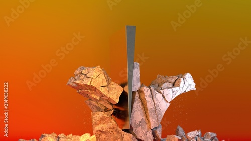 Obraz na plátne Metal monolith breaking rock with shattered debris and dust explosion in dramati