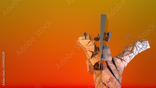 Fotografie Metal blade shattering gray stone with flying debris and vivid orange yellow acc
