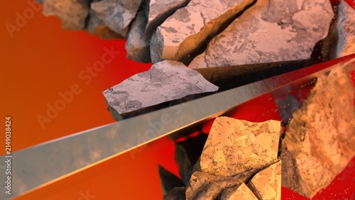 Photography Rock debris explosion with metallic wedge impact and flying stone fragments in d