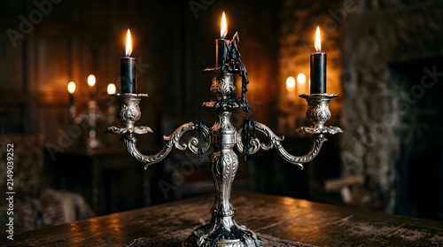 Candelabra made of ornate silver holds three burning black candles on a rustic wooden table.