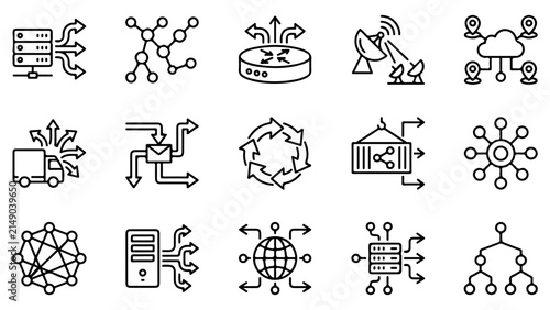 Obraz na płótnie Set of fifteen network and data distribution icons for technology and cloud comp