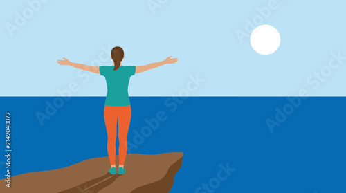 Konstfotografi Woman Stretching Arms Wide Facing Ocean View