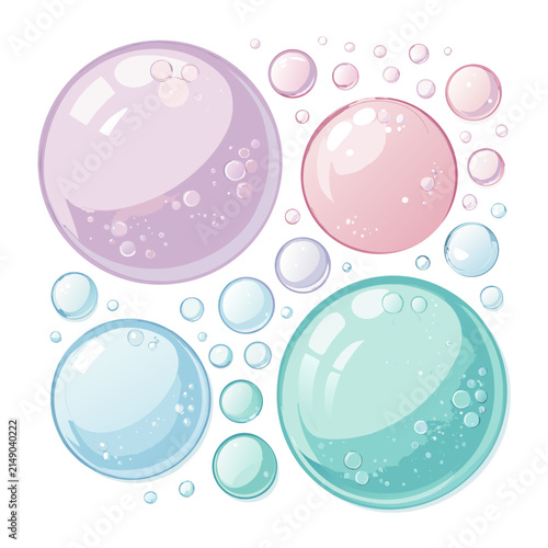 Collection of colorful floating soap bubbles and spheres with floating, colorful