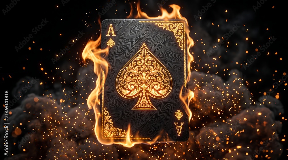 Fototapeta premium Black ace of spades playing card engulfed in intense golden flames with dark smoke and glowing ember particles