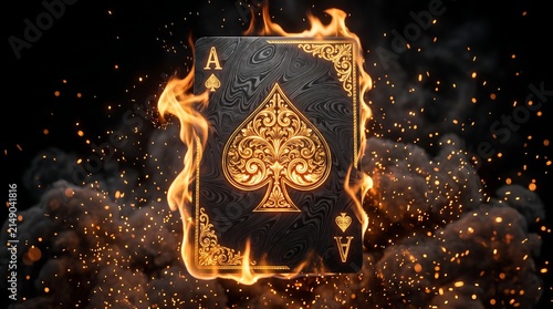 Black ace of spades playing card engulfed in intense golden flames with dark smoke and glowing ember particles