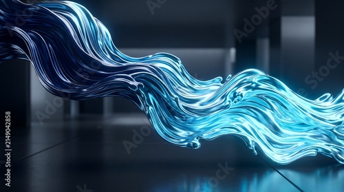 Abstract flowing blue liquid strands creating dynamic waves with glowing luminescence in a modern dark architectural space