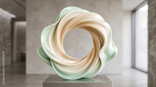 Abstract sculptural art piece with organic flowing curves and soft pastel tones displayed in bright modern gallery setting