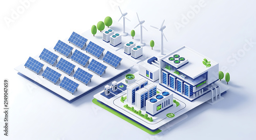 Isometric 3D infographic illustration of a sustainable energy power plant with solar panels and wind turbines.