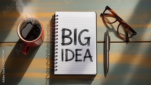 A cup of hot steaming coffee next to a notebook with the words big idea written on it and a pair of glasses on a rustic wooden desk workspace