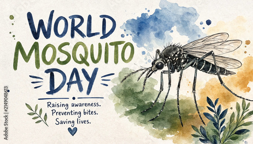 World mosquito day awareness poster with watercolor style mosquito illustration mosquito awareness watercolor prevention campaign education