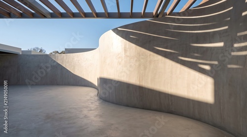 Minimal curved microcement wall with long architectural shadows and generous copy space.