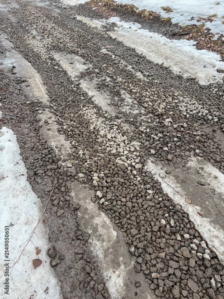 Obraz premium Melted snowy road in the forest in winter