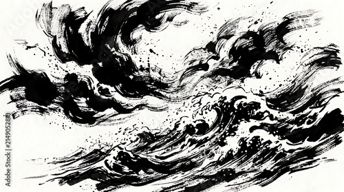 Japanese sumi e style ocean wave ink painting background. Monochrome traditional artwork of stormy sea waves.