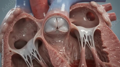 Inside a healthy human heart focusing on the left ventricle, myocardial muscle fibers contracting slowly with noticeably reduced strength while blood is gently ejected into the aorta 