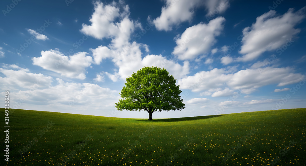Naklejka premium Vibrant green tree in a sunny meadow with yellow wildflowers and blue sky