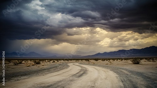 uncertainty. A fork in an empty road under moody clouds, symbolizing life's pivotal decisions. wellbeing guides, coaching materials, designed for coaching and self-improvement content.