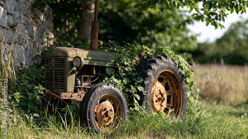 Rusty vintage tractor slowly decaying in a green rural field, overgrown with lush vegetation, illustrating the concept of time passing and abandonment in nature