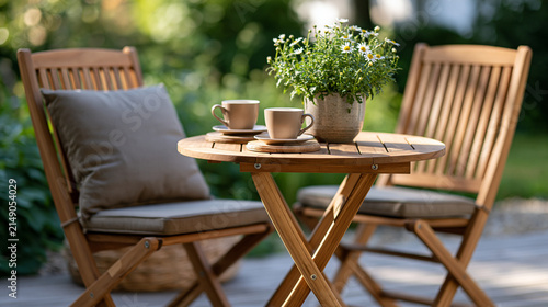 Wooden garden table and two folding chairs with grey cushions creating a welcoming outdoor patio space. Featuring two coffee cups on coasters and a potted daisy plant