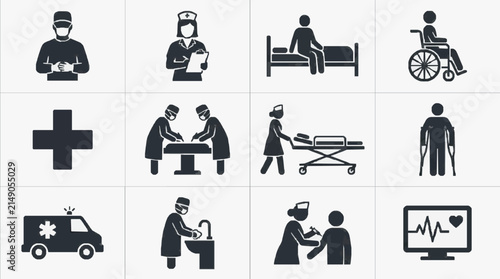 Creative Black and White Icons Set Featuring Healthcare Professionals Medical Equipment and Emergency Services
