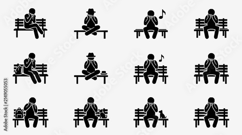 Creative Black and White Icons Set of People Using Phones and Engaging in Various Activities on Benches