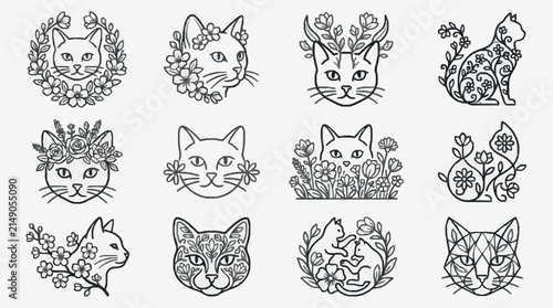 Creative Black and White Floral Cat Head Designs Illustrations for Art Tattoos and Branding with high quality professional line art symbols for modern creative design and digital branding projects