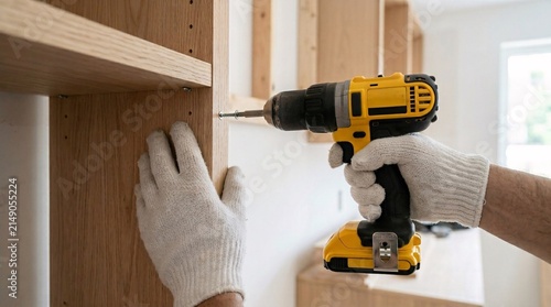 Close-up shot of a carpenter's hands in safety gloves using an electric cordless screwdriver to fasten screws into a wooden bookshelf during installation.