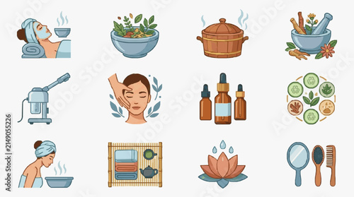 Corporate Spa and Wellness Infographic Illustrations Showcasing Relaxation Rituals with Herbs Facial Treatments and Beauty Tools