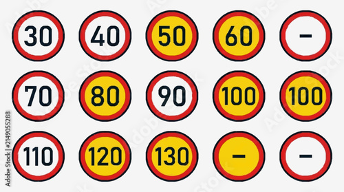 Corporate Speed Limit Sign Collection with Red Yellow and White Circular Designs for Presentations Websites or Print Materials