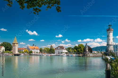 Historic Lindau harbor with lighthouse and lion statue on Lake Constance ideal for travel and tourism
