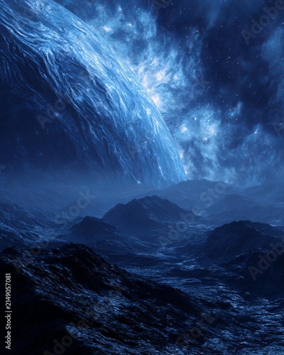 Ethereal Blue Landscape - A Dreamy Vista of Mountains and Celestial Light.