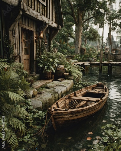 Idyllic Lakeside Cottage Scene with Boat and Lush Greenery.