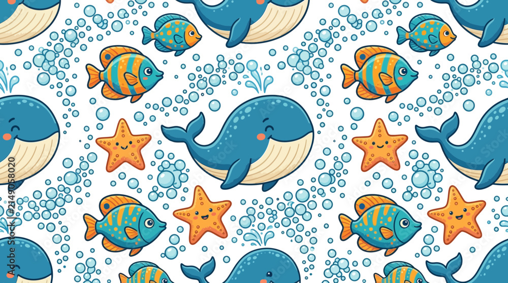 Naklejka premium Cute cartoon whale and fish pattern