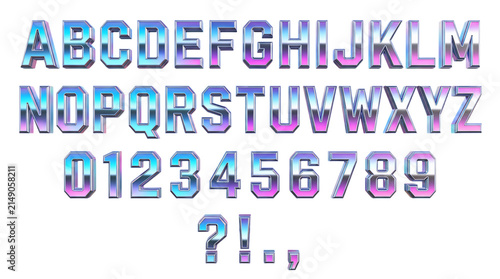 Alphabet Letters and Numbers in 3d Holographic Chrome Gradient Design with Futuristic Metallic Shine and Vibrant Colors for Digita