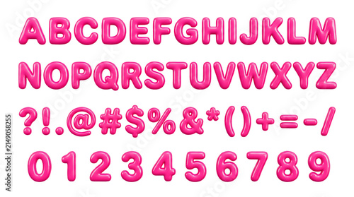 Pink Bubble Font Alphabet Letters Numbers and Symbols Set for Educational and Decorative Typography Design
