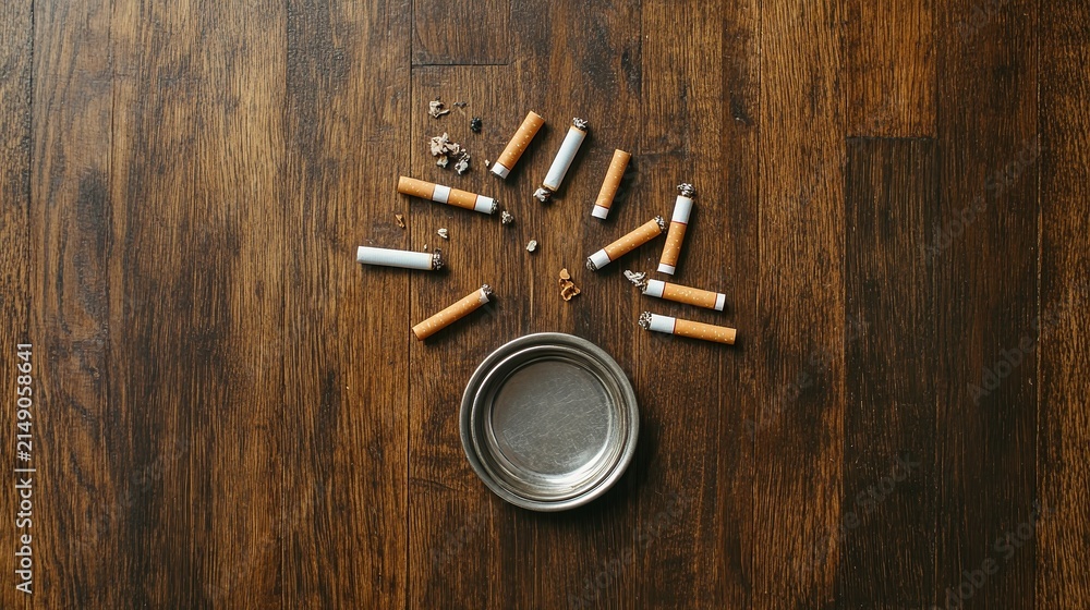 Fototapeta premium Ashtrays filled with crushed cigarettes and tobacco remnants are scattered on a wooden surface, representing smoking habits and addiction, This image can be used for health articles or campaigns,