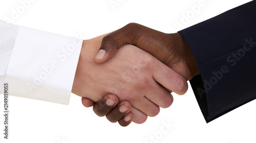 Diverse hands shaking in agreement, business handshake