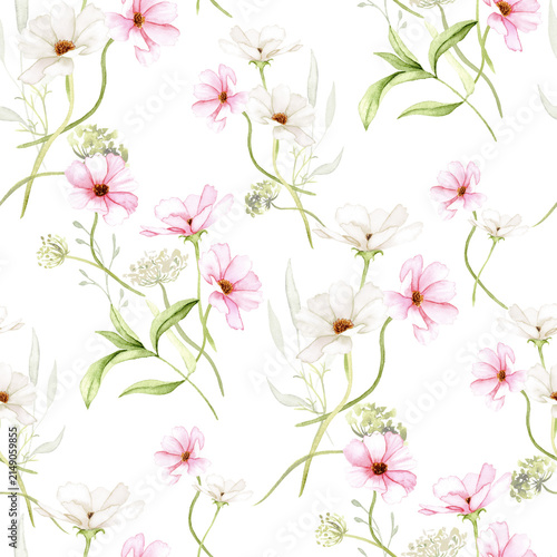 Seamless Watercolor Cosmos Floral Repeat Pattern