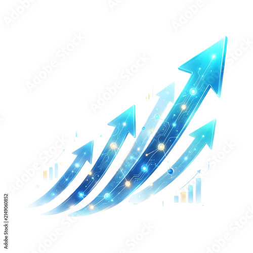 Abstract Business Growth and AI Integration Elements with Ascending Arrows and Futuristic Glowing Nodes Isolated on Transparent Background