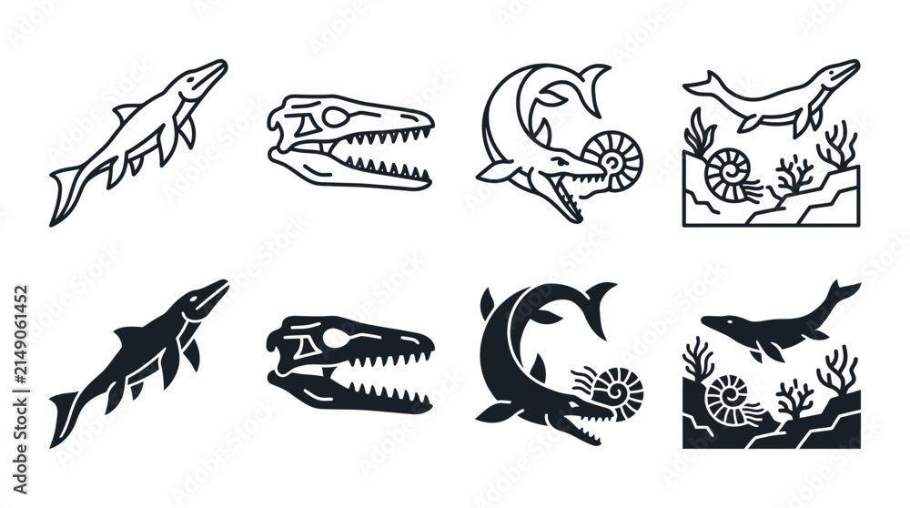 Obraz premium Marine reptile and sea fossil icon set for paleontology with mosasaur skeleton prehistoric ammonite silhouette