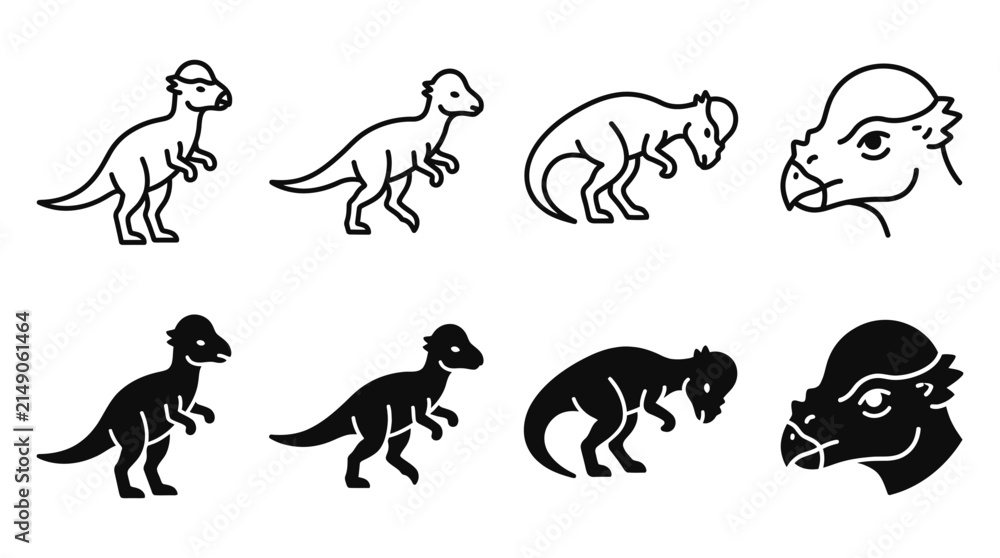 Obraz premium Pachycephalosaurus dinosaur set in outline and solid icon styles with pachycephalosaurus dinosaur prehistoric