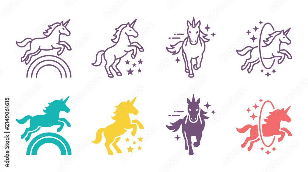 Fototapeta premium Set of magical unicorn icons in various poses jumping over rainbow running and jumping through hoop with mythical
