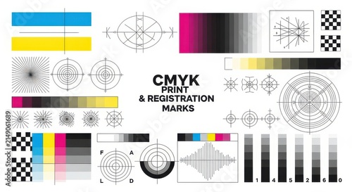Professional CMYK Print and Registration Marks for Color Calibration and Prepress Offset Printing Quality Control