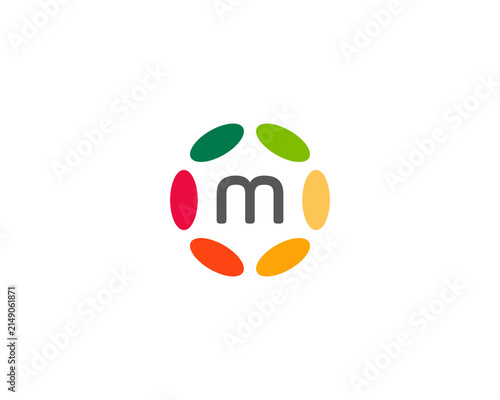 Abstract letter M  logo. Colorful circle ring or petal frame logotype. Playful geometric symbol for tech, media and creative brands.