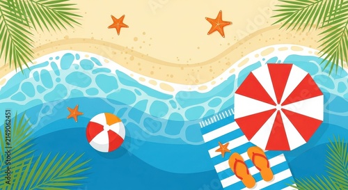 Top View Summer Beach Background with Umbrella, Beach Ball, Flip Flops, and Palm Leaves Vector Illustration