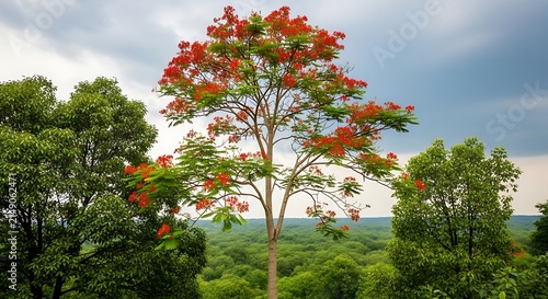 Blooming flamboyant tree with vibrant red flowers, tropical royal poinciana in lush forest, scenic summer landscape under cloudy sky
