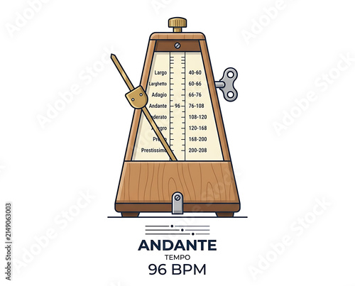 Vintage Wooden Metronome with Musical Tempo Indicator Set to Andante 96 BPM for Music Practice and Performance