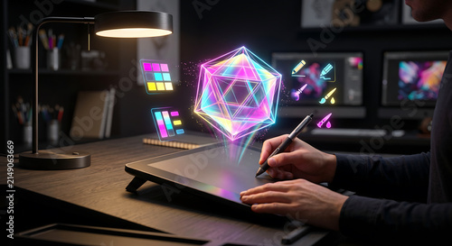 Digital artist working with holographic geometric projection