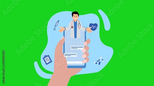 animation of online doctor consultation virtual doctor comes out of the smartphone screen