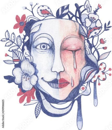 Canvastavla Surreal face illustration with dual emotion half smiling and half crying drawn w